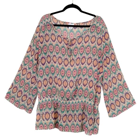 Jaclyn Smith Ikat-Print Peasant Blouse With Tie Neck & Smocked Waist X-Large - Picture 2 of 8